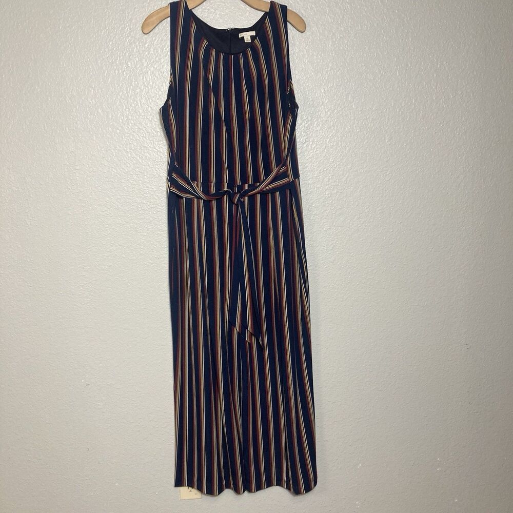 Womens Wide Leg Jumpsuit Size XL Sleeveless Mixed Stripe Navy Blue Tie Waist